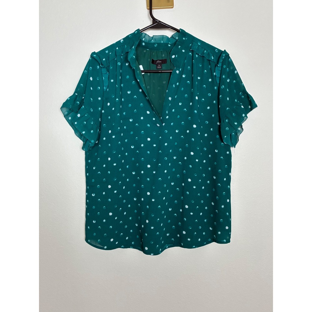 J. Crew Womens Green Polka Dot Ruffle V-Neck Chiffon Blouse Topā Size S (N11)
